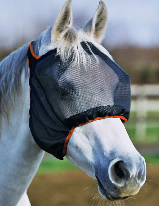 Fly Mask Equilibiurm Small Field relief midi black with blue trim no ears no nose