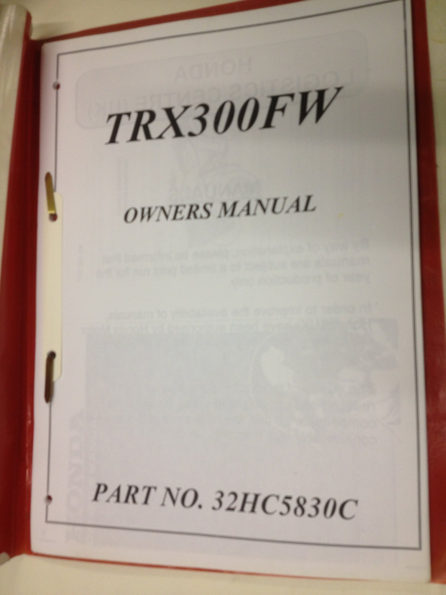 Agricultural Manual TRX300FW Quad. Bike Honda