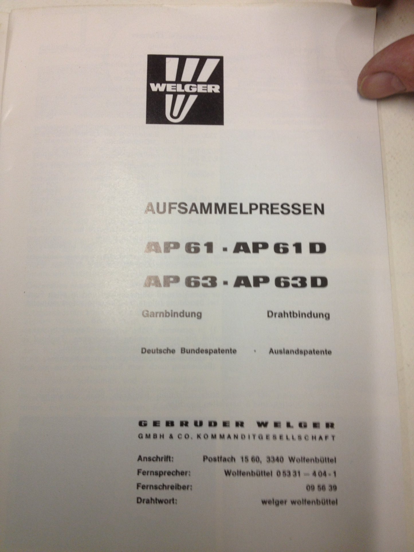 Agricultural Manual Welgar AP 61/63 Baler in German