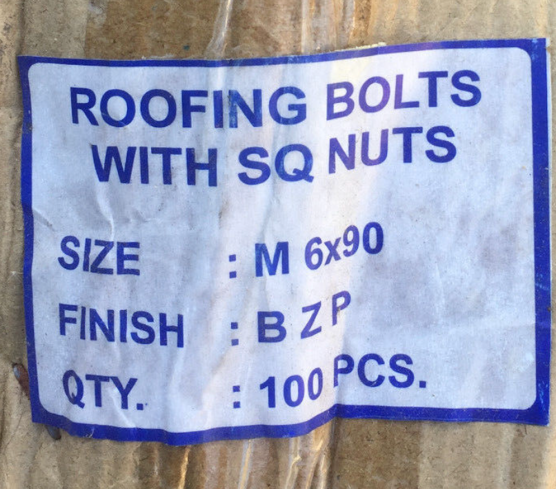 Roofing Bolts M6 x 90mm BZP with Square Nuts pack 100. loc:DB