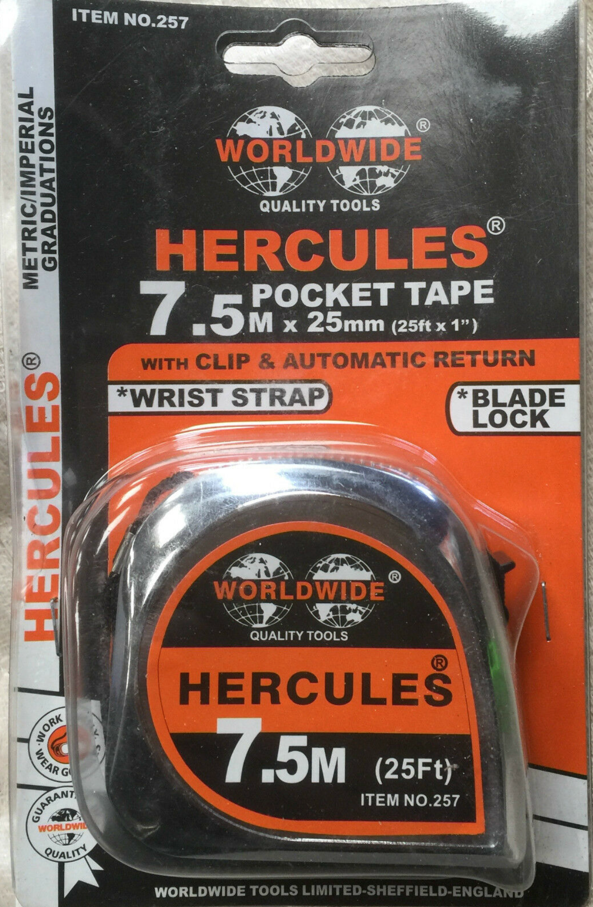 Metal 7.5m Tape Measure  Worldwide Tools Hercules 257.  W1C6