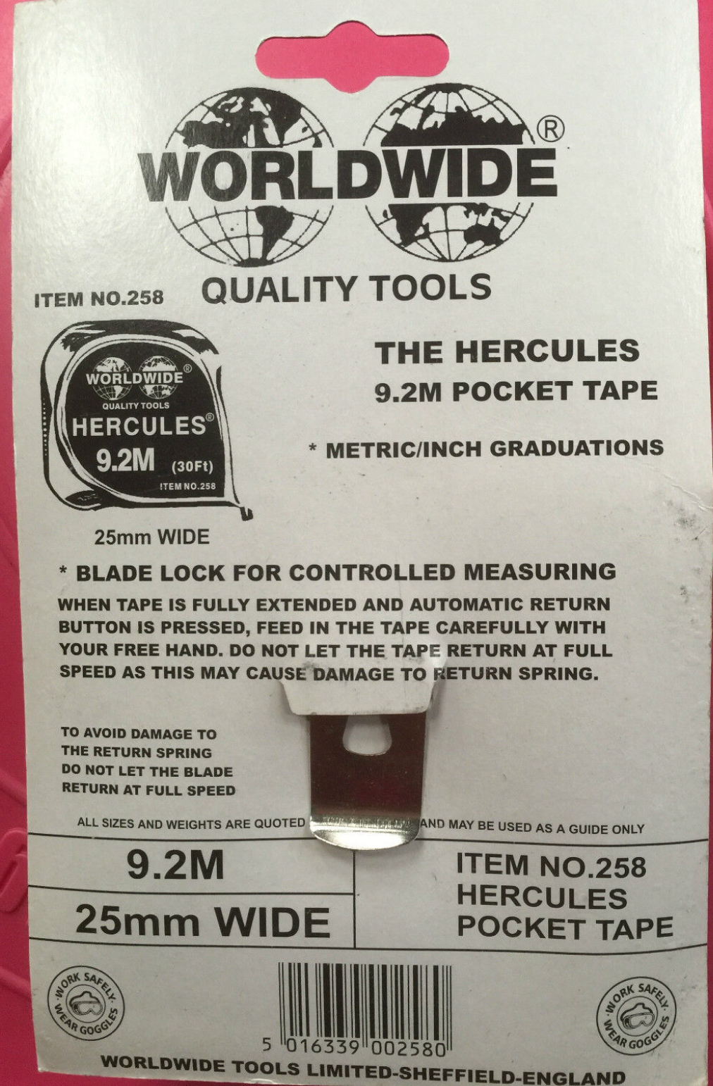 Tape Measure 9.2m Hercules Worldwide Tools Pocket 30ft