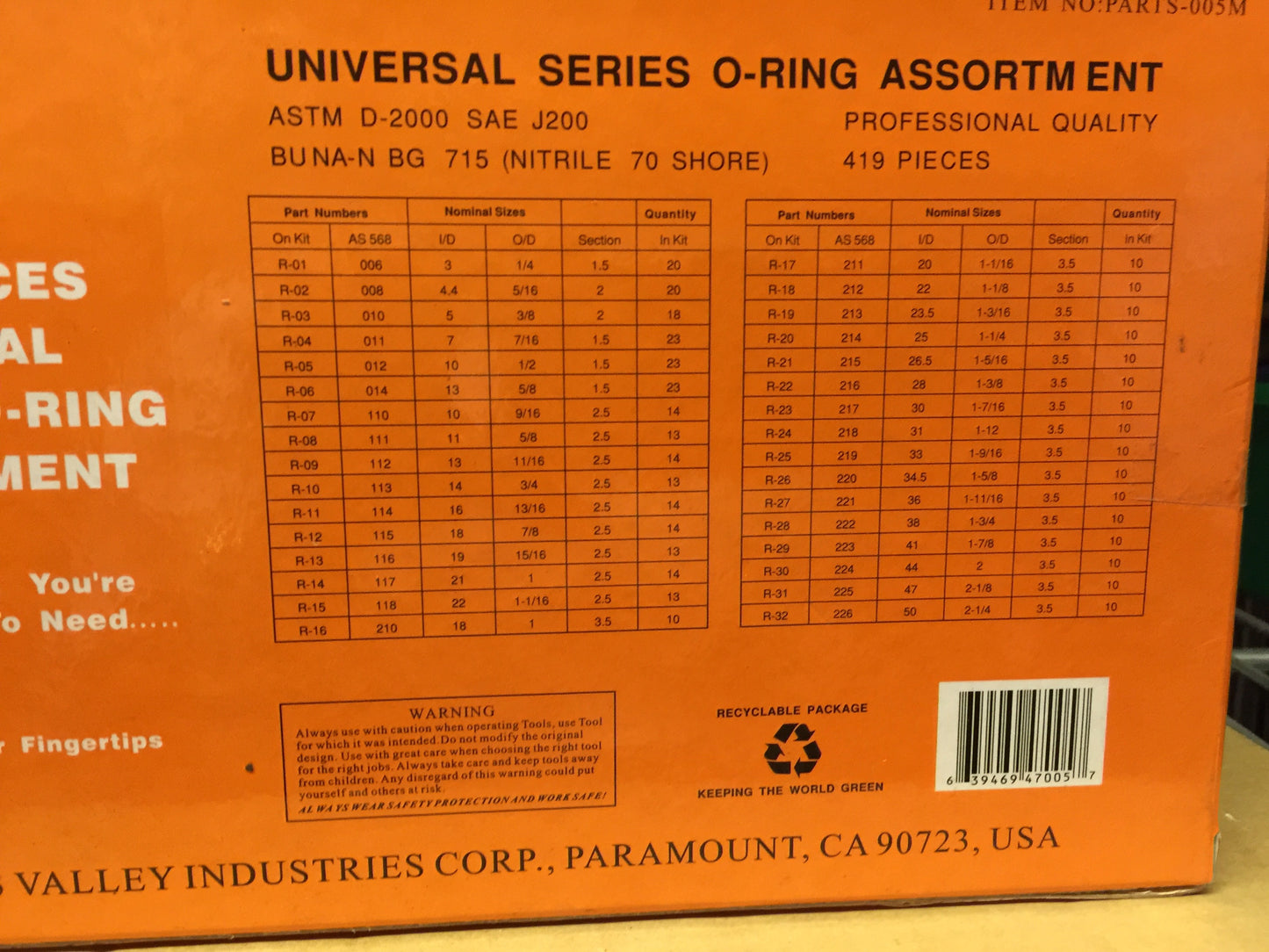 Valley 419 Pcs Universal Rubber Metric O Ring Seals Assortment Set Garage 3-50mm