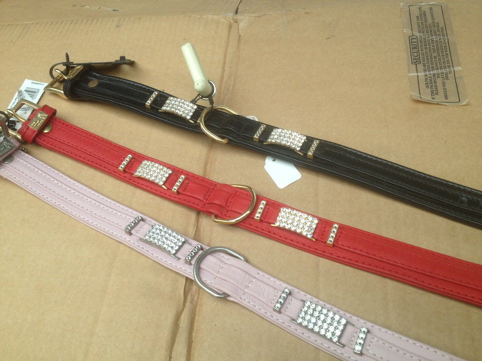 Dog Collar Diamonte Trim on Red Leather 52/20 with replacement stones